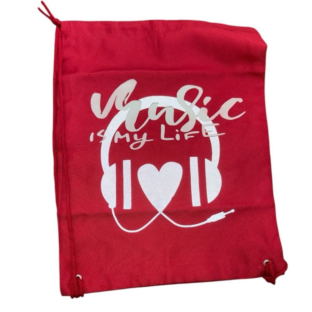 Red Drawstring Bag with Headphone Print